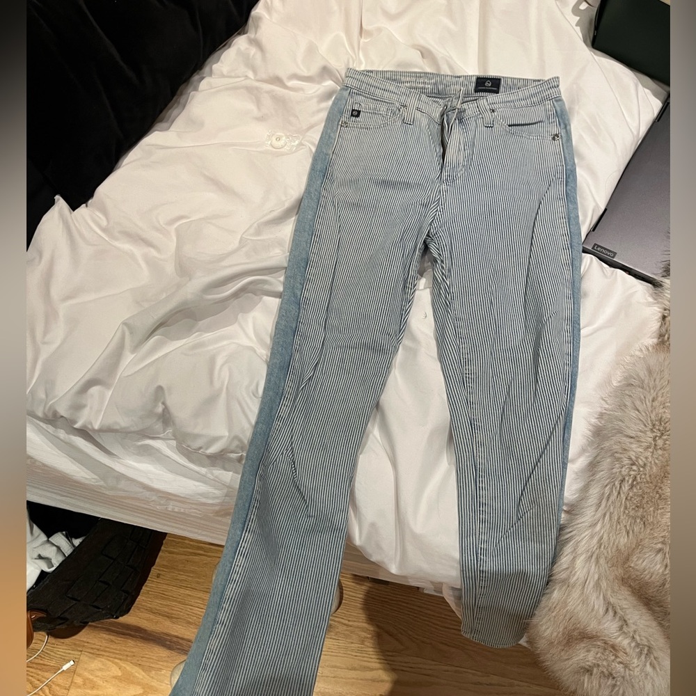 AG striped straight leg high rise jeans
